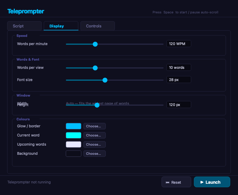 Settings window — script, display, and controls tabs